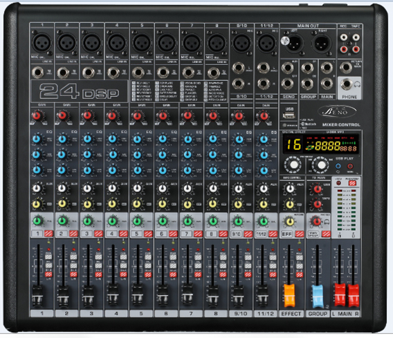 12路+24DSP效果+MP3+蓝牙+USB录音++两编组调音台BN-MD12X