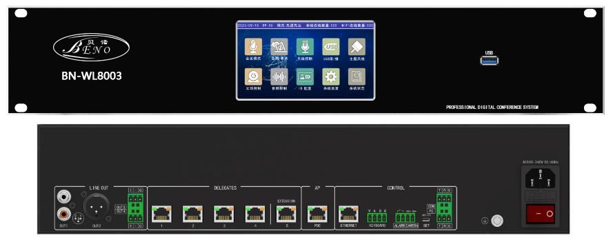 5GWiFi全数字会议系统主机   支持有线单元与WIFI无线单元同时接入，具有16路音频矩阵功能，具有4进1出HDMI自动切换功能